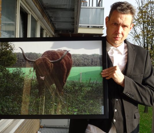 Peter Hulscher exposeert in kringloopwinkel De Groene Ezel Peter Hulscher met zijn foto van een Schotse hooglander.