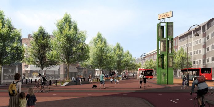 Het Houtplein in Haarlem na de totale herinrichting. Het Houtplein wordt als zuidelijke entree van de binnenstad een statig stadsplein met ruimte voor fietsers, wandelaars, bussen en bomen. Afbeelding: Gemeente Haarlem.