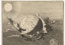 De ruimte rondom stilte en duisternis Heelal met aarde, zon, maan en sterren, prent van Caspar Luyken uit 1712, Rijksmuseum, Amsterdam.
