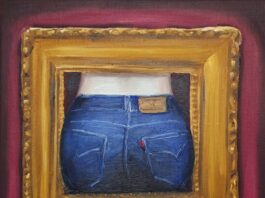 Jeans in the Painting, 30x30cm, 2023. Beth Namenwirth.