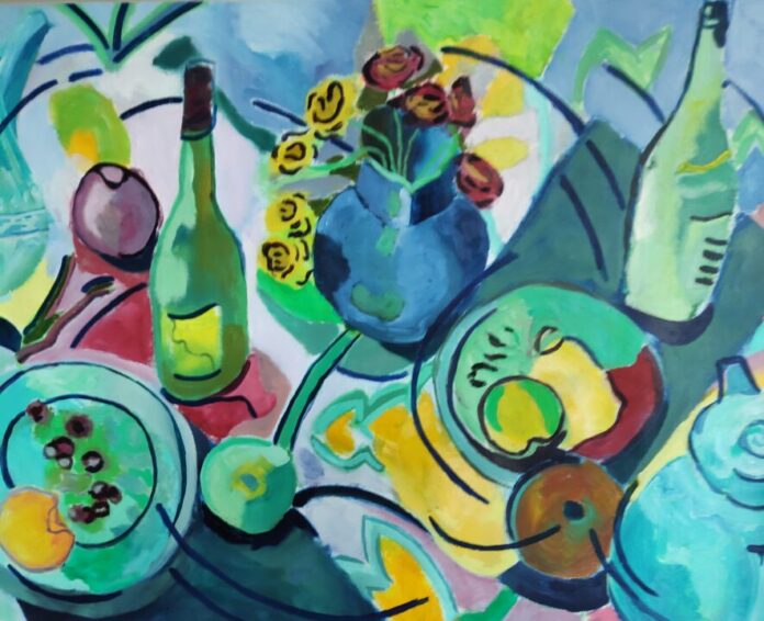 Stilleven met wijnfles detail - Margreet Koeman.