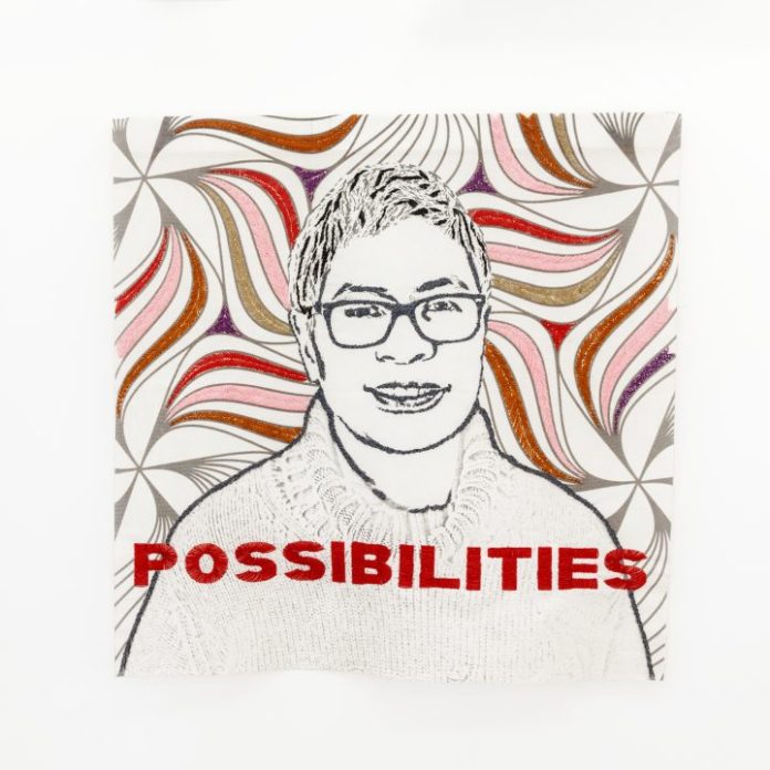 patricia kaersenhout, Julia de Limal, Proud Rebels, 2015, Digital Print on polyester mesh, embroidered with beads , unique , 111 cmx 111 cm