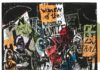 Jongeren laten eigen protestwerken zien in tentoonstelling Bord voor je Kop! in het Noord-Hollands Archief Linosnede van Aya Mokaddam, Coornhert Lyceum.