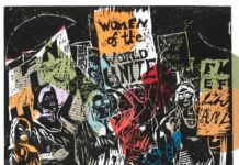 Jongeren laten eigen protestwerken zien in tentoonstelling Bord voor je Kop! in het Noord-Hollands Archief Linosnede van Aya Mokaddam, Coornhert Lyceum.