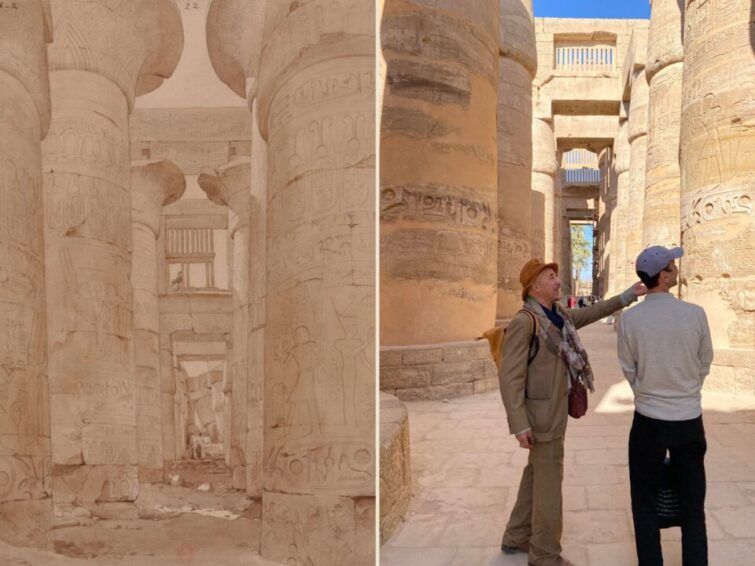 Willem de Famars Testas (1834-1896), De hypostyle zaal van de tempel van Karnak, 1859. Rechts Sabri en Terry op dezelfde plek, 165 jaar later.