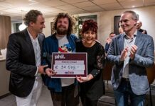 Benefietconcert DI-RECT in PHIL Haarlem haalt €34.679 op voor Muziekids v.l.n.r Jordan de Vos, Marcel Veenendaal, Monica Tijdink, Edwin van Balken. Fotografie: Peter van Heun.