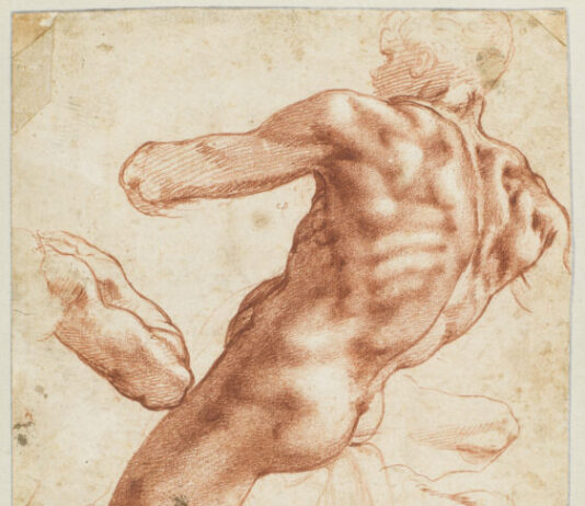 Verwacht: De mannen van Michelangelo in Teylers Museum Michelangelo Buonarotti (1475-1564), Figuurstudie voor een ignudo in de Sixtijnse Kapel, ca. 1511, rood krijt op papier. Collectie Teylers Museum.