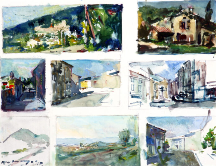 Kees Verwey, Schetsen van dorpjes en bergachtig landschap, aquarel, 1965.