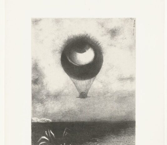 De Vishal: Vloeibare grenzen Afbeelding: Odilon Redon, L’oeil, comme un ballon bizarre se dirige vers L’INFINI, eerste prent van zes uit het album À Edgar Poe, lithografie, 1882, Rijksmuseum Amsterdam.