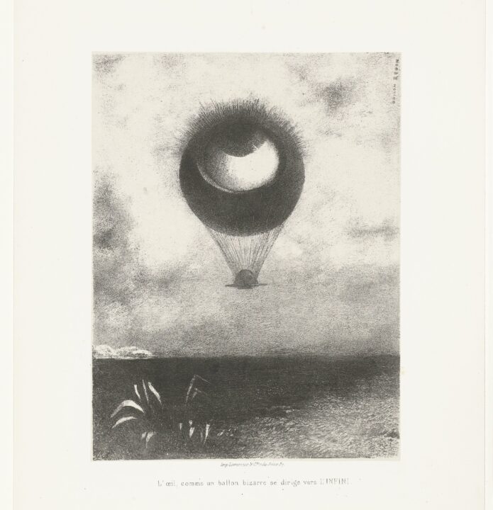Afbeelding: Odilon Redon, L’oeil, comme un ballon bizarre se dirige vers L’INFINI, eerste prent van zes uit het album À Edgar Poe, lithografie, 1882, Rijksmuseum Amsterdam. Afbeelding: Odilon Redon, L’oeil, comme un ballon bizarre se dirige vers L’INFINI, eerste prent van zes uit het album À Edgar Poe, lithografie, 1882, Rijksmuseum Amsterdam.