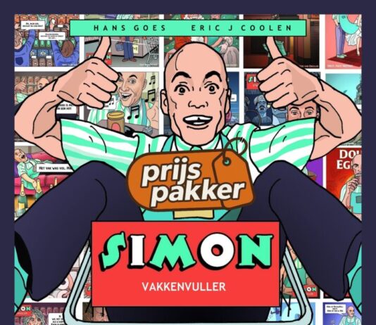 Simon de Vakkenvuller terug in de schappen, nu als stripheld Simon de Vakkenvuller/Hans Goes. Illustratie getekend door Eric J. Coolen.