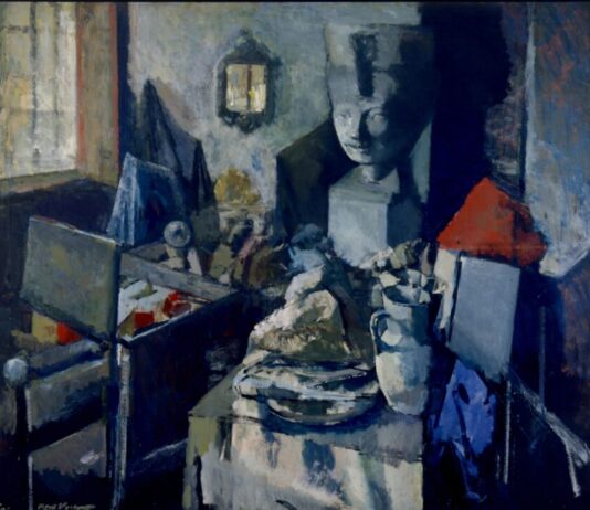 Kees Verwey: In het atelier en Vrouwenportretten Kees Verwey, Atelierinterieur, 1971, 178 x 210 cm, olieverf op doek, ABN AMRO-kunstcollectie.