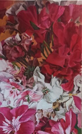 Tentoonstelling Pelargonium Wagemania in Galerie De Waag Pelargonium nr 36 Mariannne Wagemaker 2026 olieverf op linnen 60 x 150 cm.